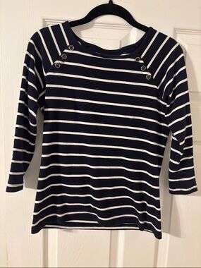 Talbots Navy and White Striped Boatneck Top with Shoulder Buttons 3/4